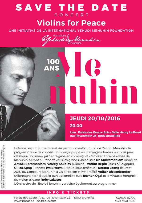 Affiche. Beaux-Arts. Les violons de la paix. Yehudi Menuhin centenary. Violins for peace. 2016-10-20